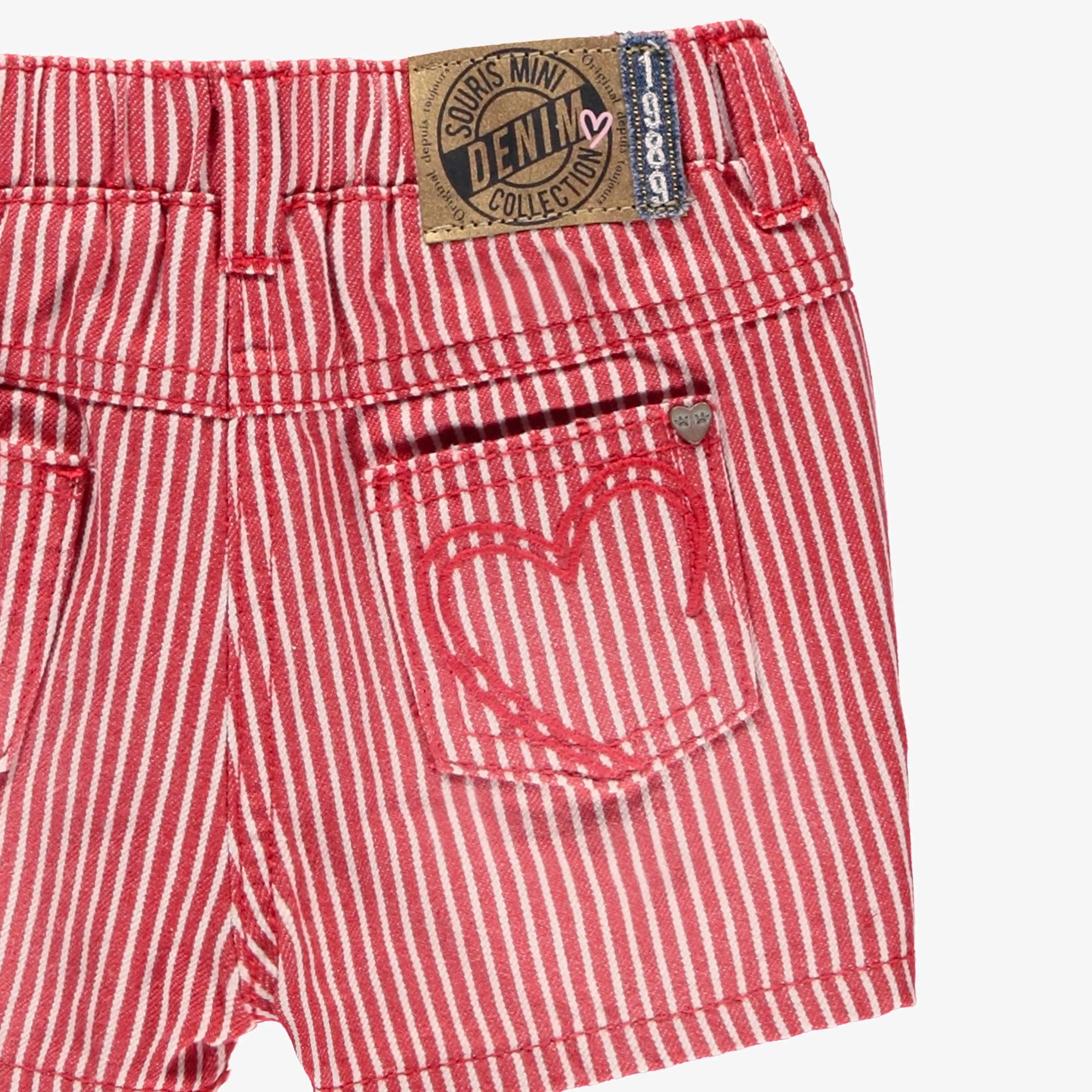 Short rouge et blanc en denim à rayures, bébé || Red and white striped denim shorts, baby
