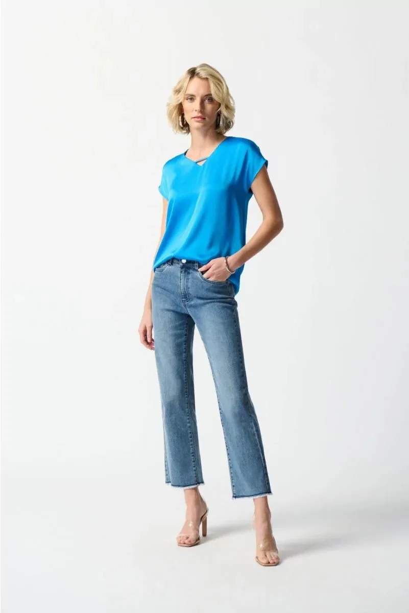 Short Sleeve Satin Top French Blue Style 242123