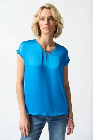 Short Sleeve Satin Top French Blue Style 242123