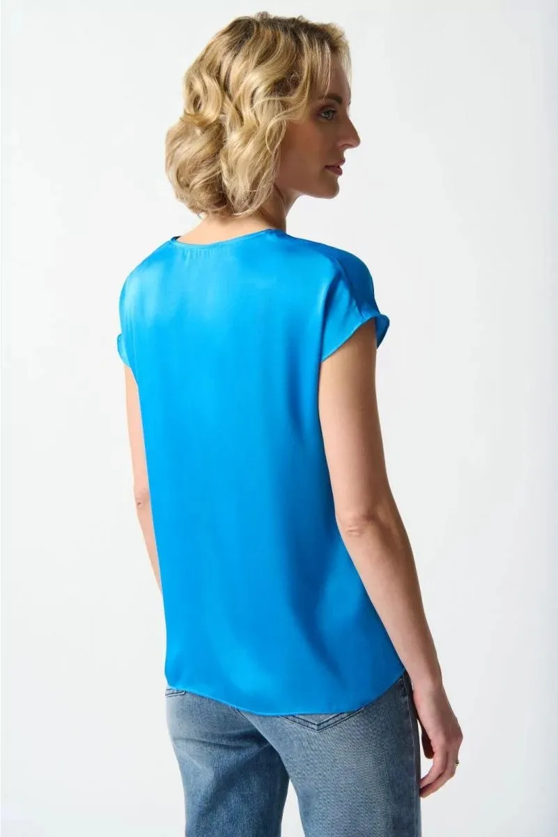 Short Sleeve Satin Top French Blue Style 242123