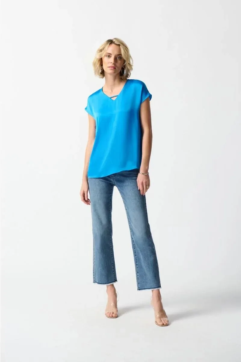 Short Sleeve Satin Top French Blue Style 242123