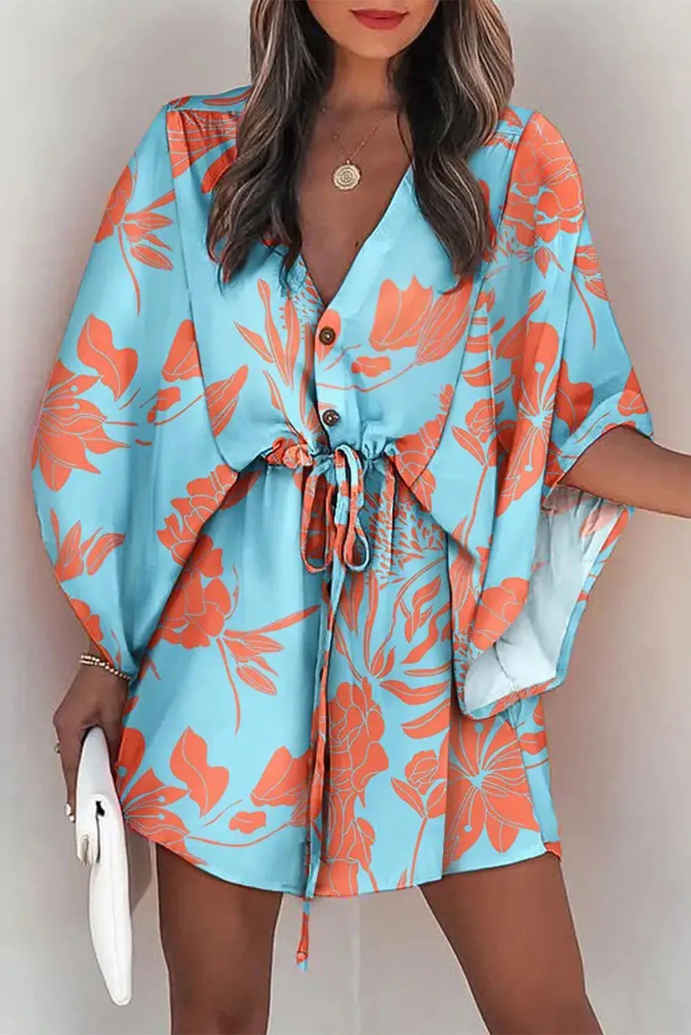 Sky Blue Geometric Print Button Drawstring Batwing Sleeve Dress