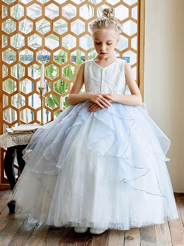 Sky Light Blue V-Neck Sleeveless Tulle Polyester Bows Kids Social Party Dresses