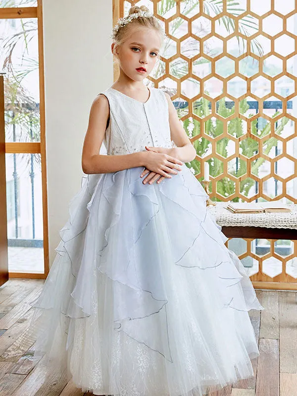 Sky Light Blue V-Neck Sleeveless Tulle Polyester Bows Kids Social Party Dresses