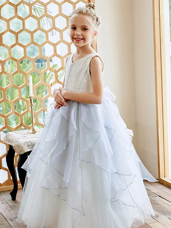 Sky Light Blue V-Neck Sleeveless Tulle Polyester Bows Kids Social Party Dresses