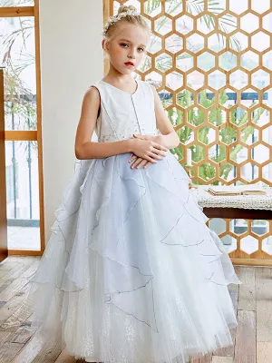 Sky Light Blue V-Neck Sleeveless Tulle Polyester Bows Kids Social Party Dresses