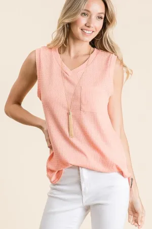 Sleeves V Neck Waffle Top