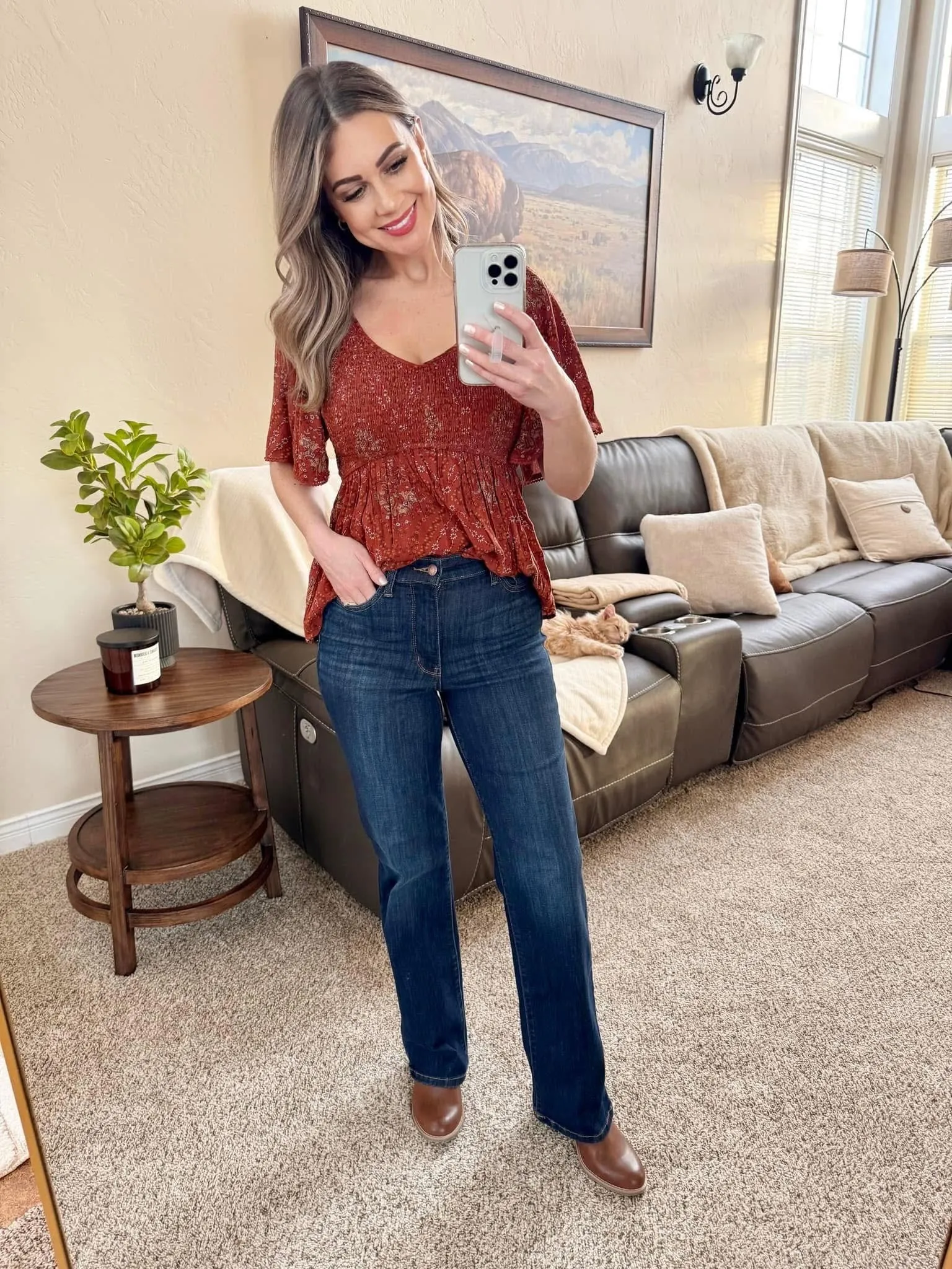 Smocked V Neck Blouse In Fall Floral