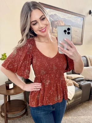 Smocked V Neck Blouse In Fall Floral