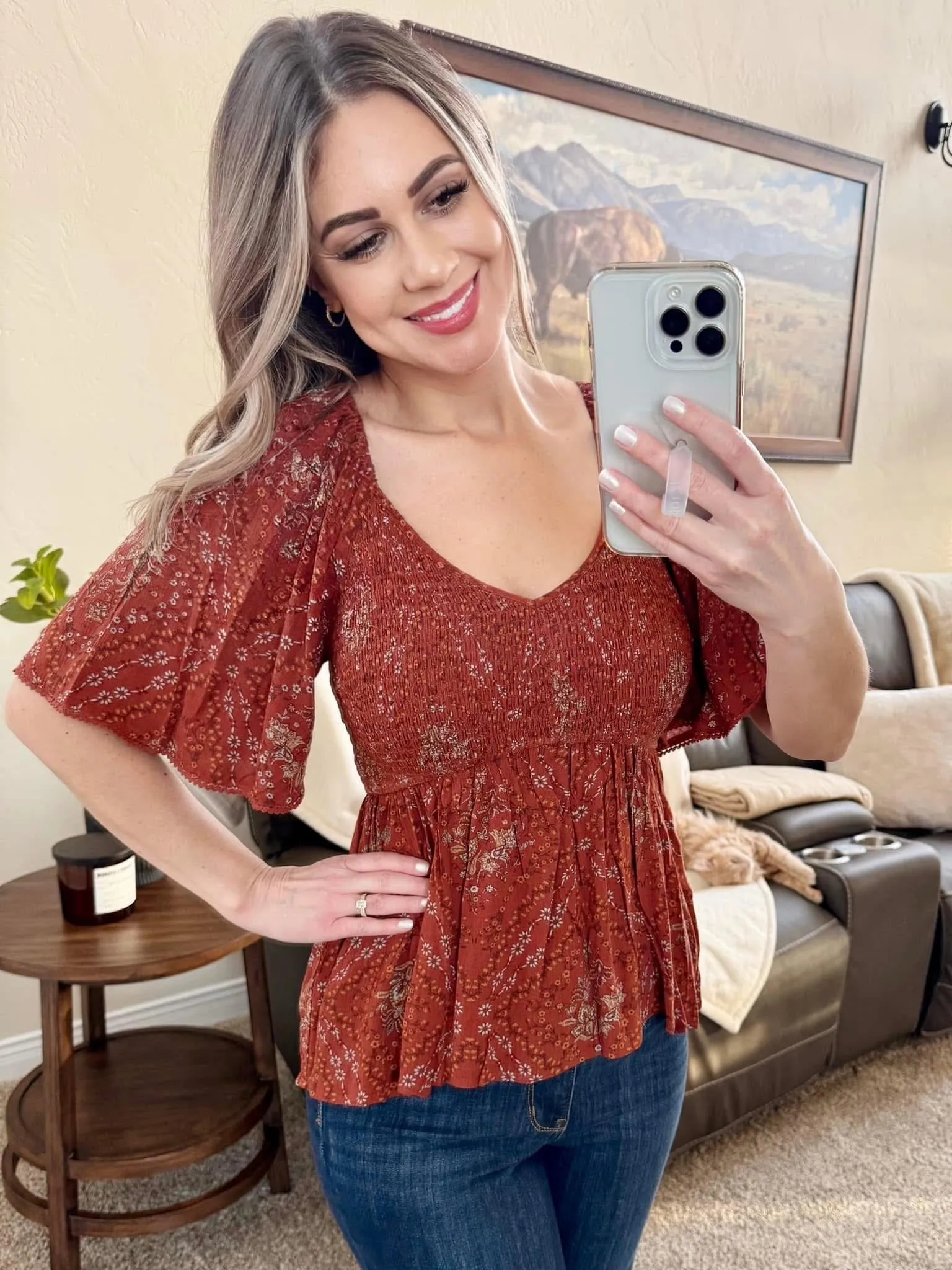 Smocked V Neck Blouse In Fall Floral