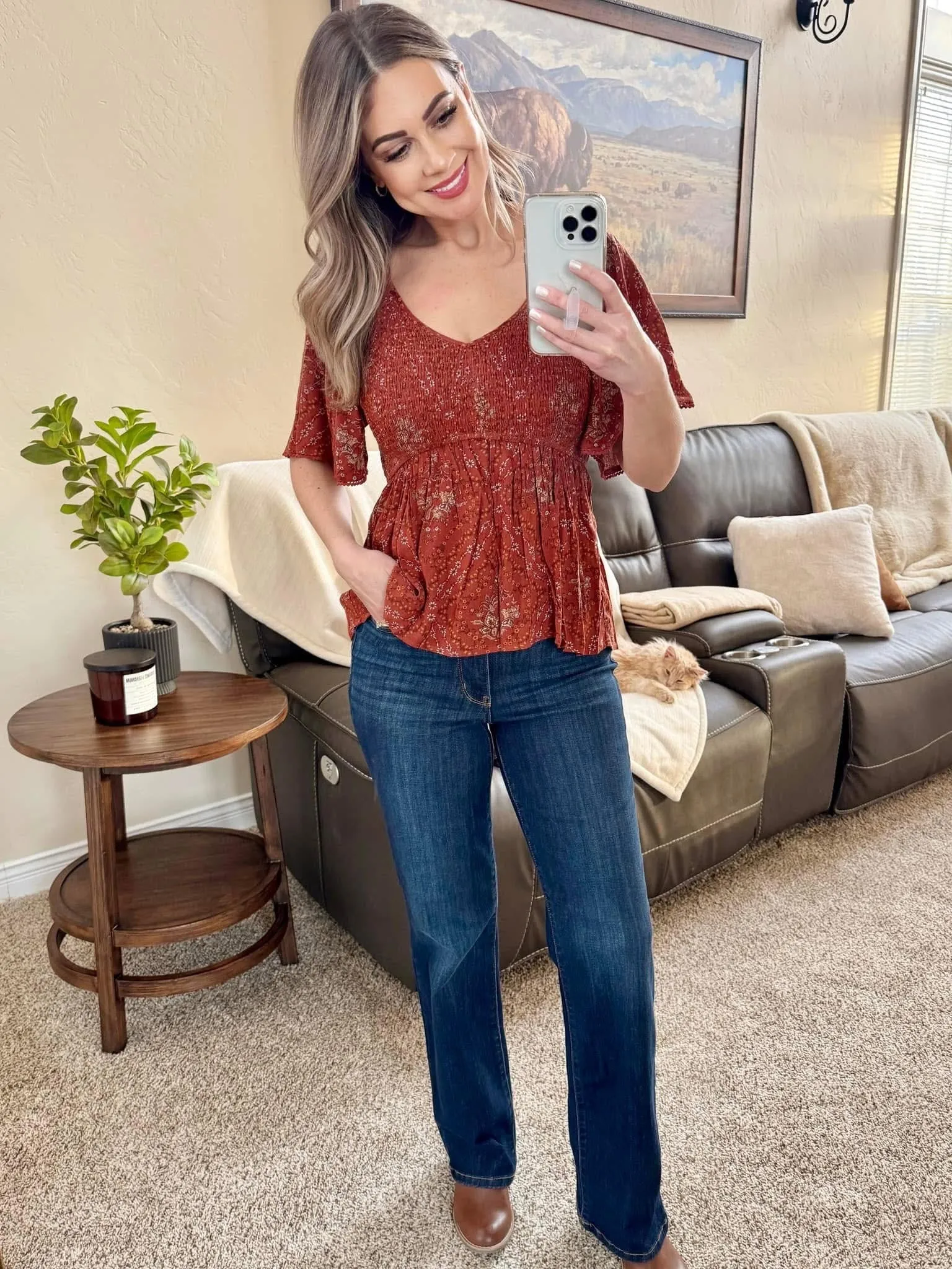 Smocked V Neck Blouse In Fall Floral