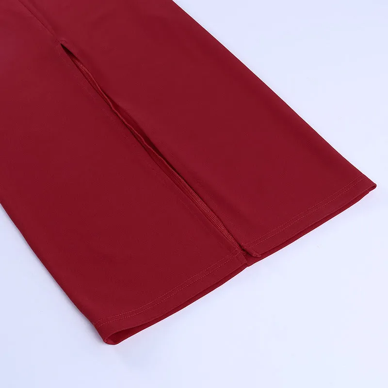 Square Collar Bubble Sleeve Slit Leg Party Bodycon Midi Dresses