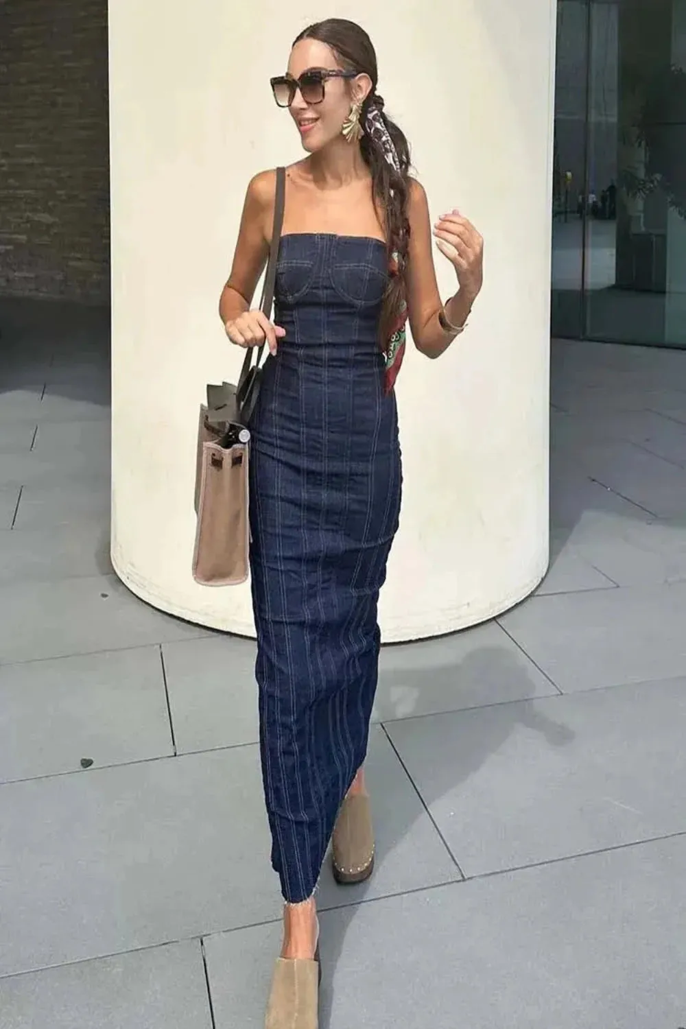 Stitched Denim Tube Top Dress