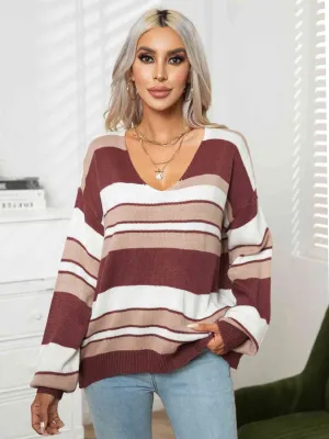 Striped V-Neck Long Sleeve Knit Top(3 Colors)