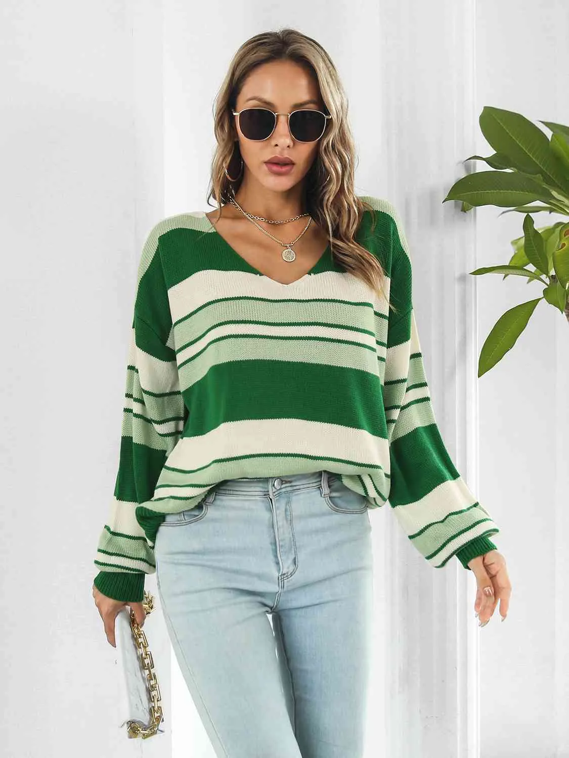 Striped V-Neck Long Sleeve Knit Top(3 Colors)