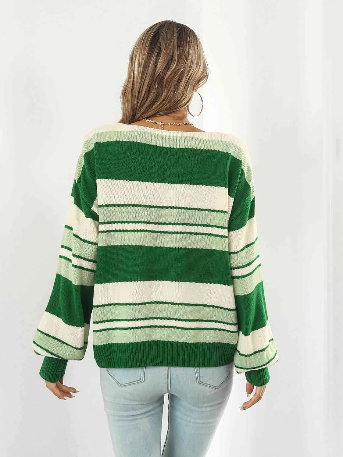 Striped V-Neck Long Sleeve Knit Top(3 Colors)