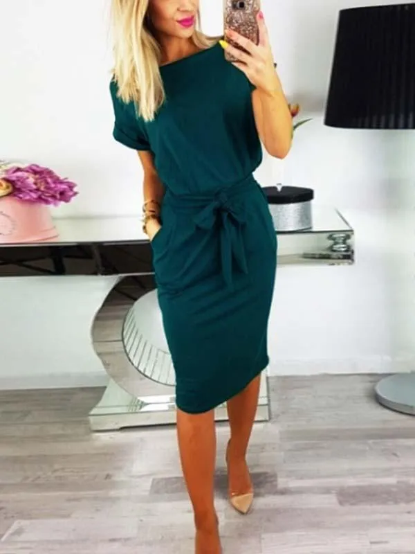 Stunncal O Neck Midi Dress With Belt (4 colors)