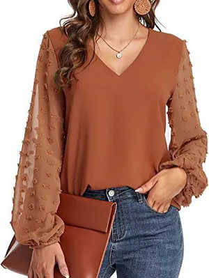 Stunncal V-Neck Chiffon Long Sleeve Top