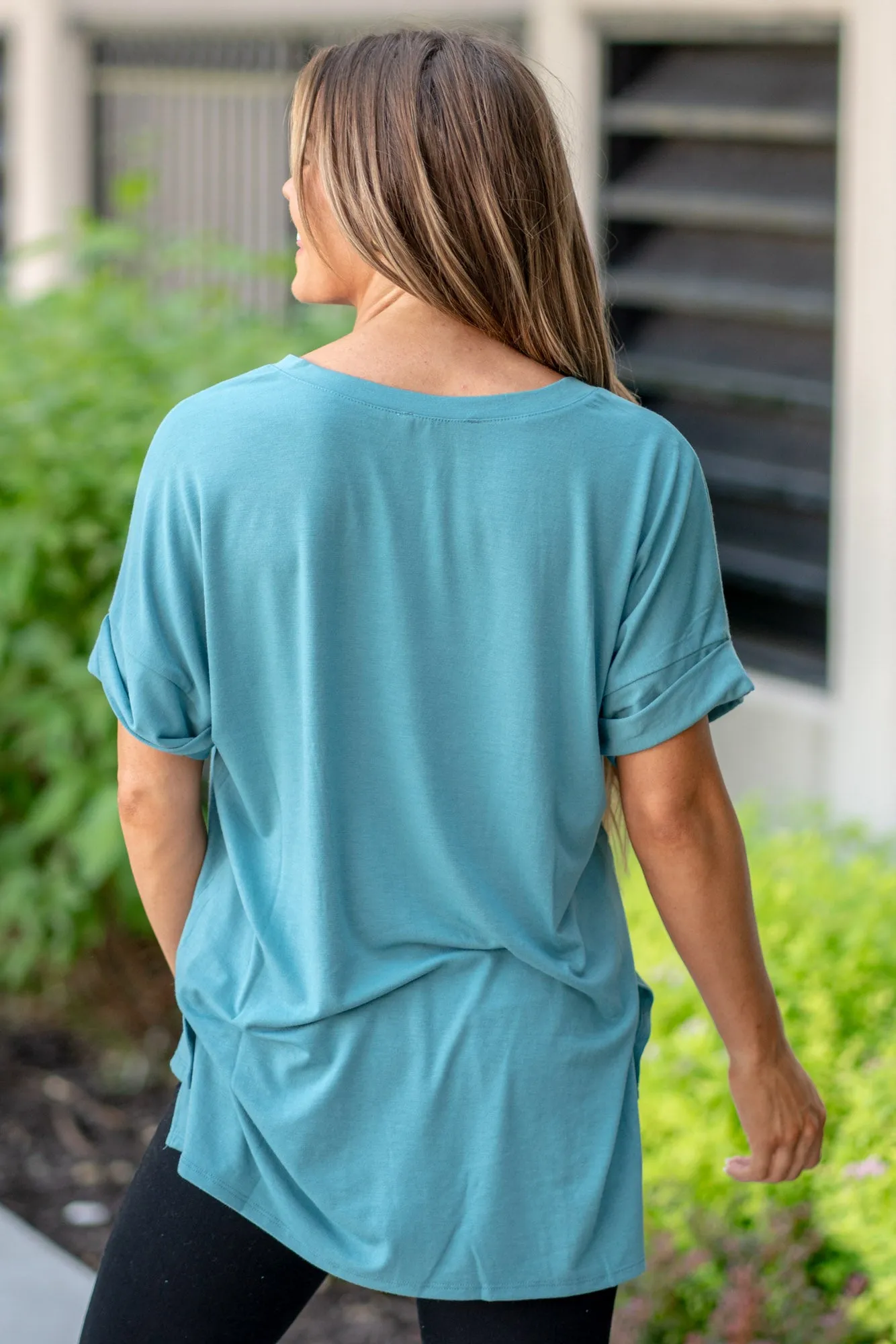 Super Soft Tee High Low Hem V Neck Top - Dusty Teal