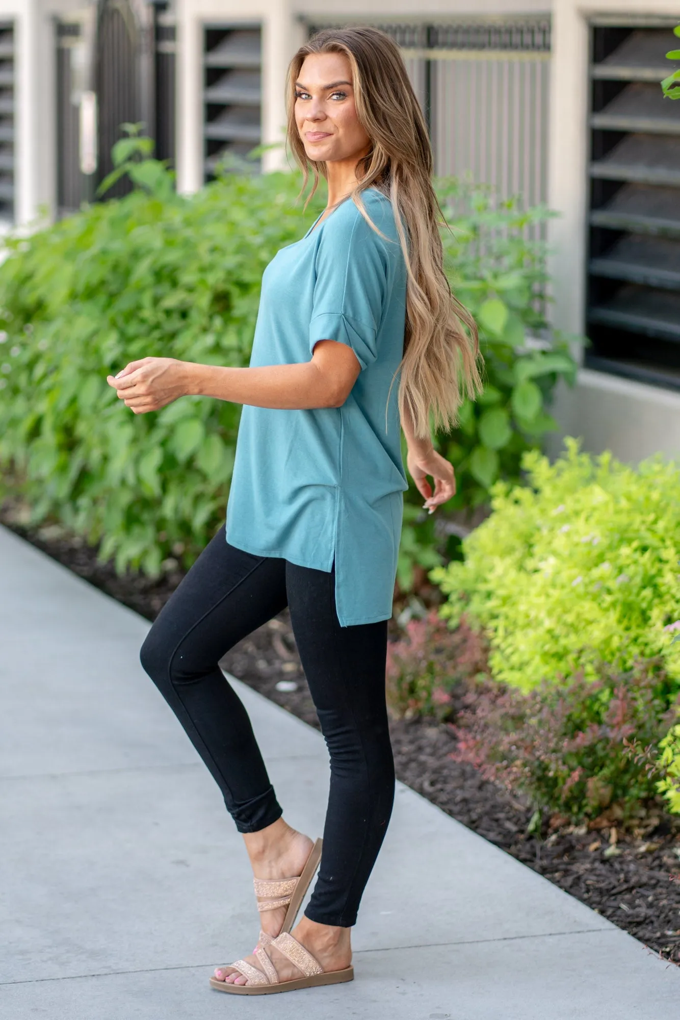 Super Soft Tee High Low Hem V Neck Top - Dusty Teal