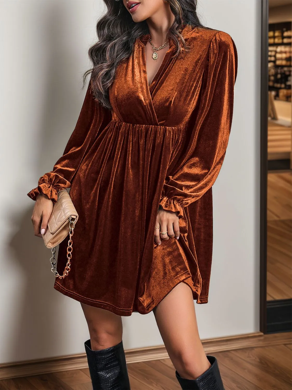 Surplice Long Sleeve Mini Dress