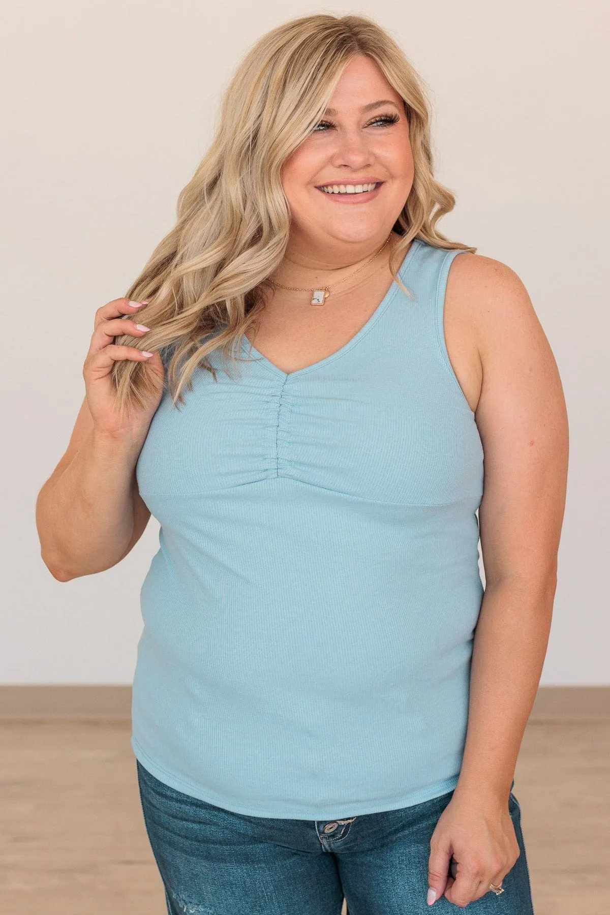 Taking Names V-Neck Tank- Light Blue