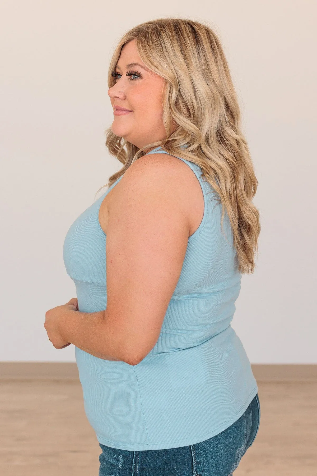 Taking Names V-Neck Tank- Light Blue