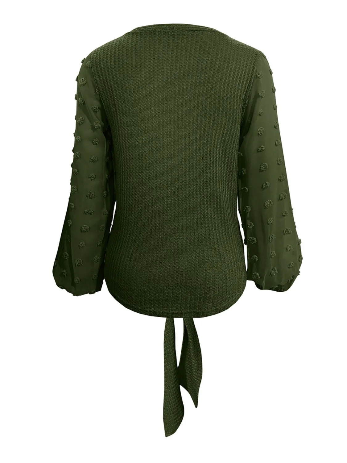 Tied Swiss Dot V-Neck Long Sleeve Blouse (2 Colors)
