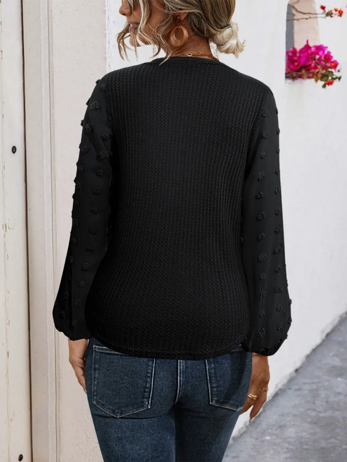 Tied Swiss Dot V-Neck Long Sleeve Blouse (2 Colors)