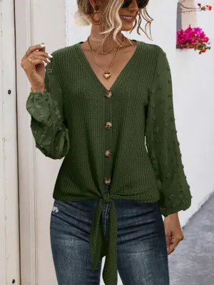 Tied Swiss Dot V-Neck Long Sleeve Blouse (2 Colors)