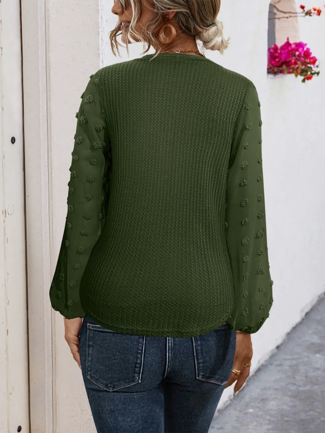 Tied Swiss Dot V-Neck Long Sleeve Blouse (2 Colors)