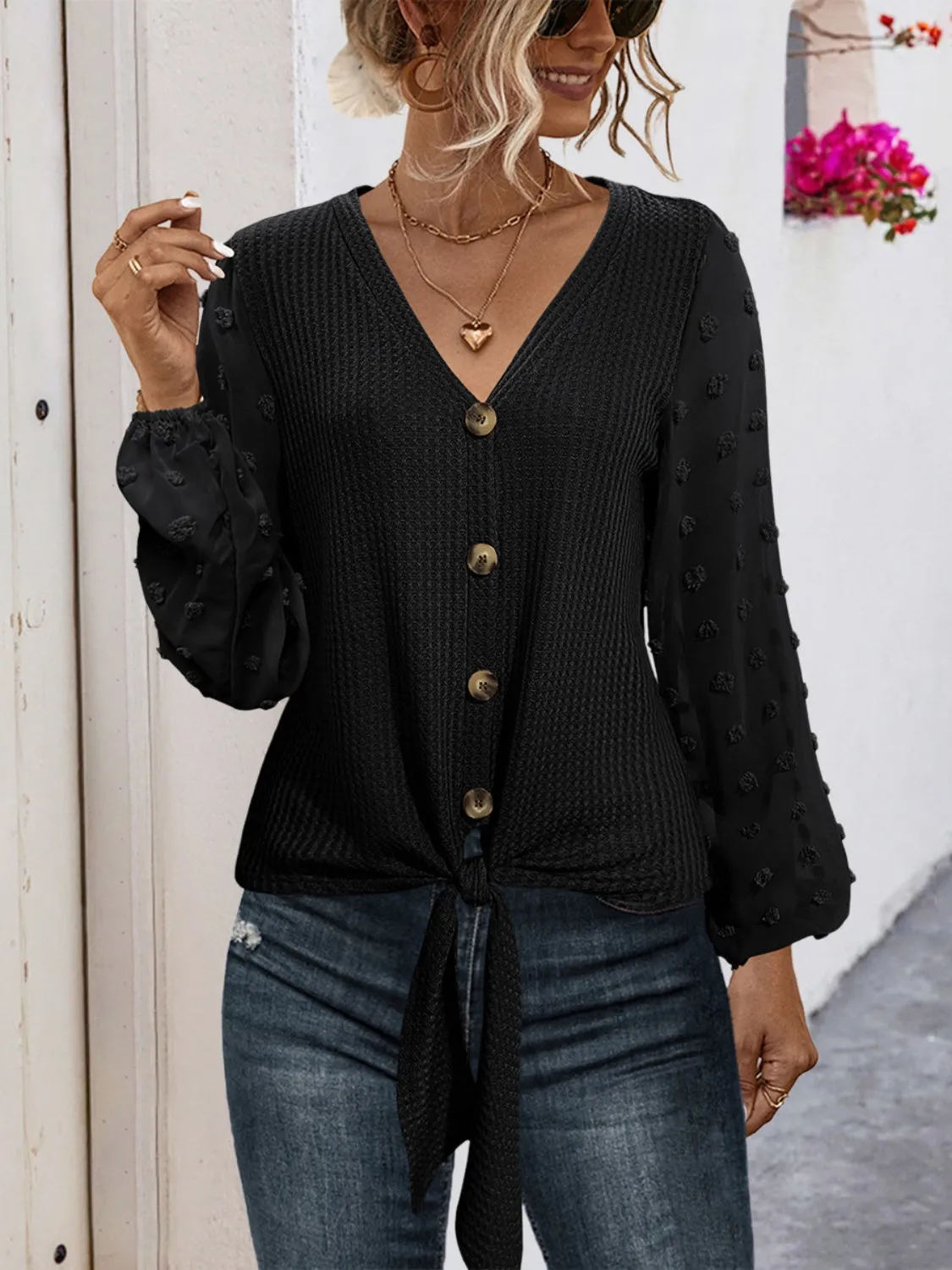 Tied Swiss Dot V-Neck Long Sleeve Blouse (2 Colors)