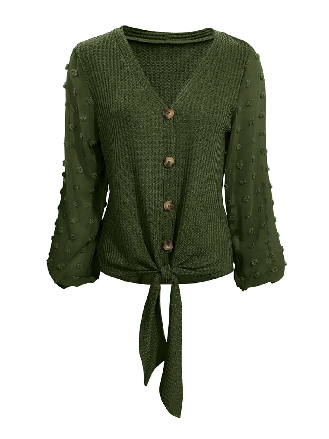 Tied Swiss Dot V-Neck Long Sleeve Blouse (2 Colors)