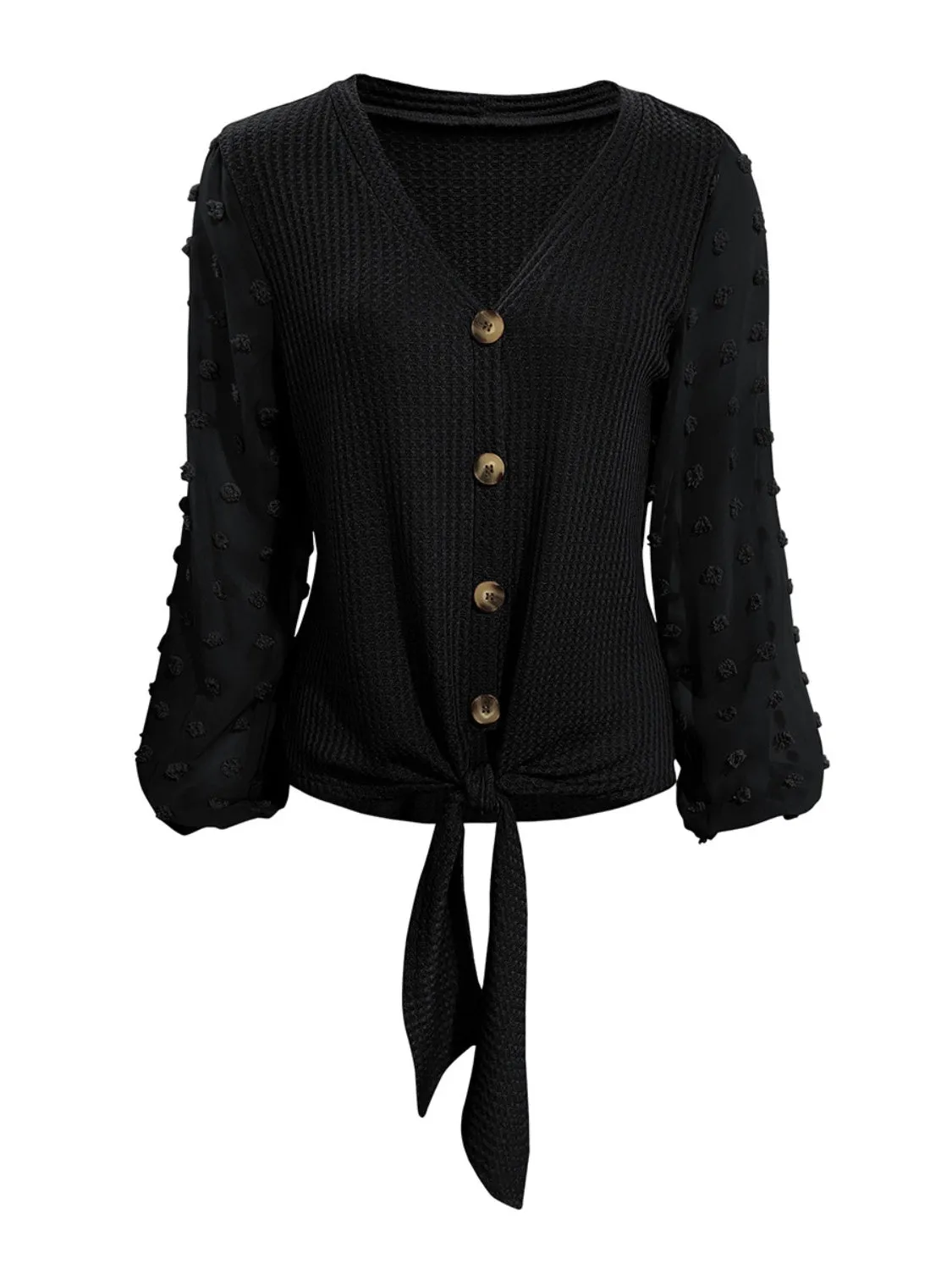 Tied Swiss Dot V-Neck Long Sleeve Blouse (2 Colors)