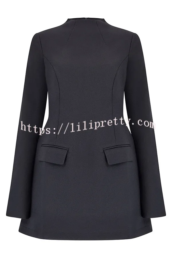 Ultimate Muse High Neck Long Slit Sleeve Flap Pocket Mini Dress