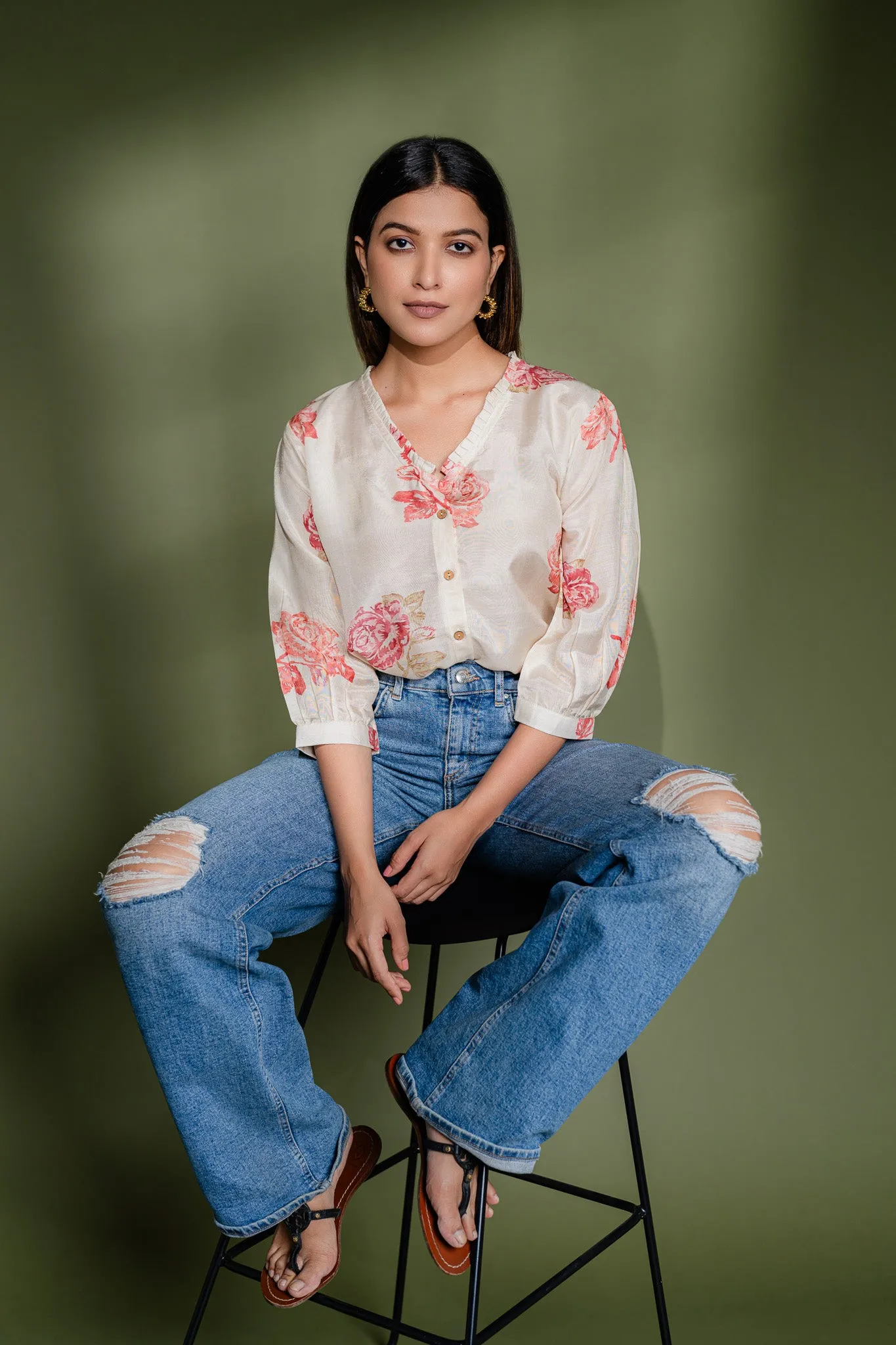 V-neck Frill Printed Viscose Shirt