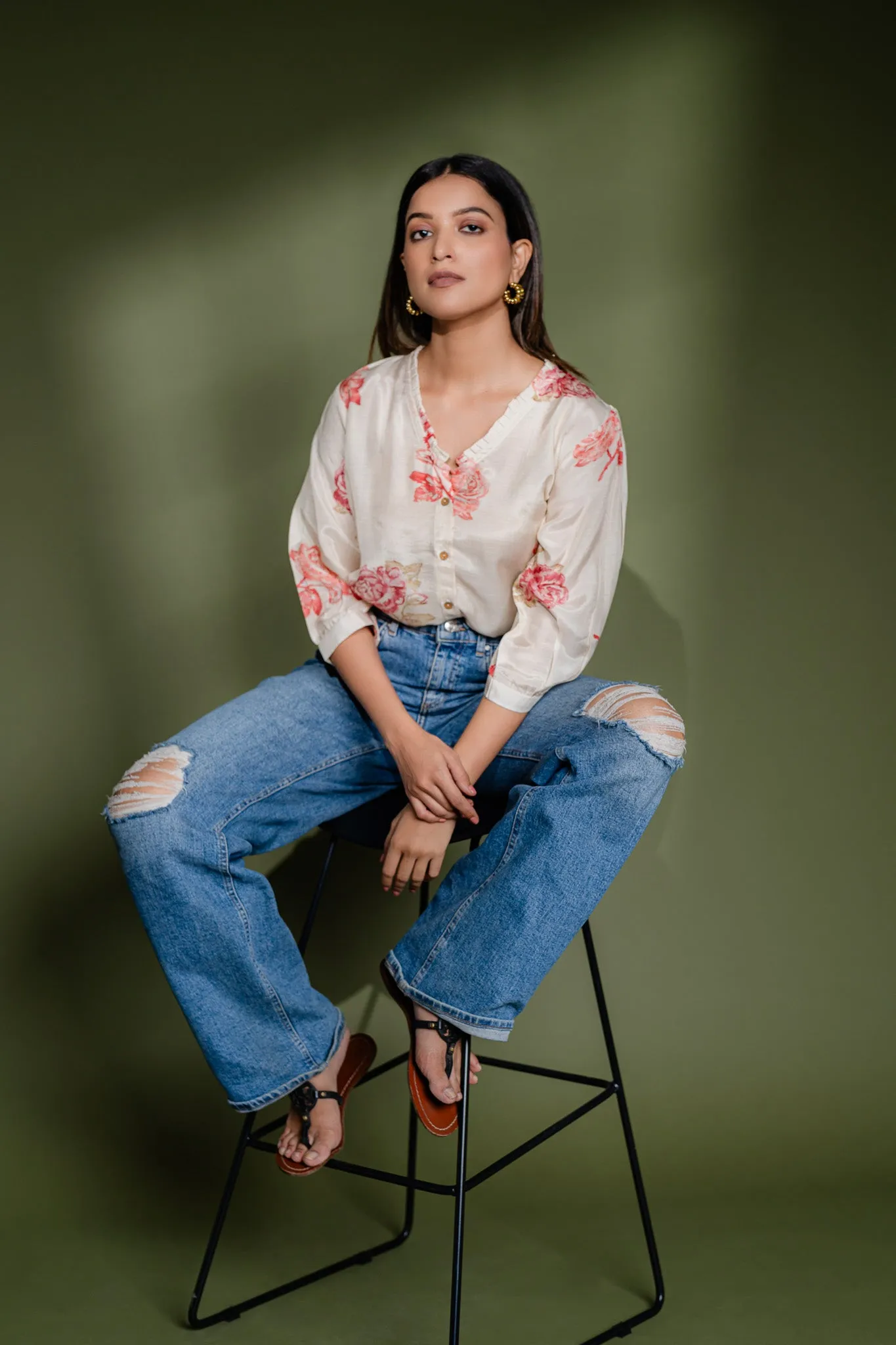 V-neck Frill Printed Viscose Shirt