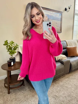 V Neck Knit Sweater In Hot Pink