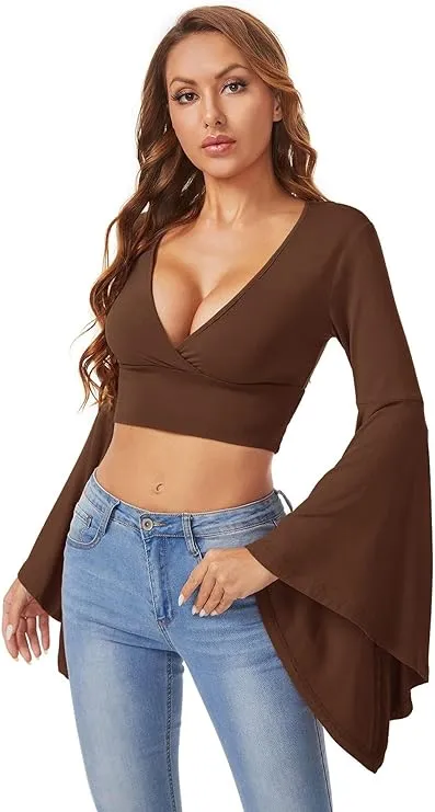 V Neck Long Bell Sleeve Wrap Blouse