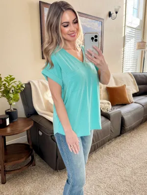 V Neck Pocket Tee In Aqua Mint