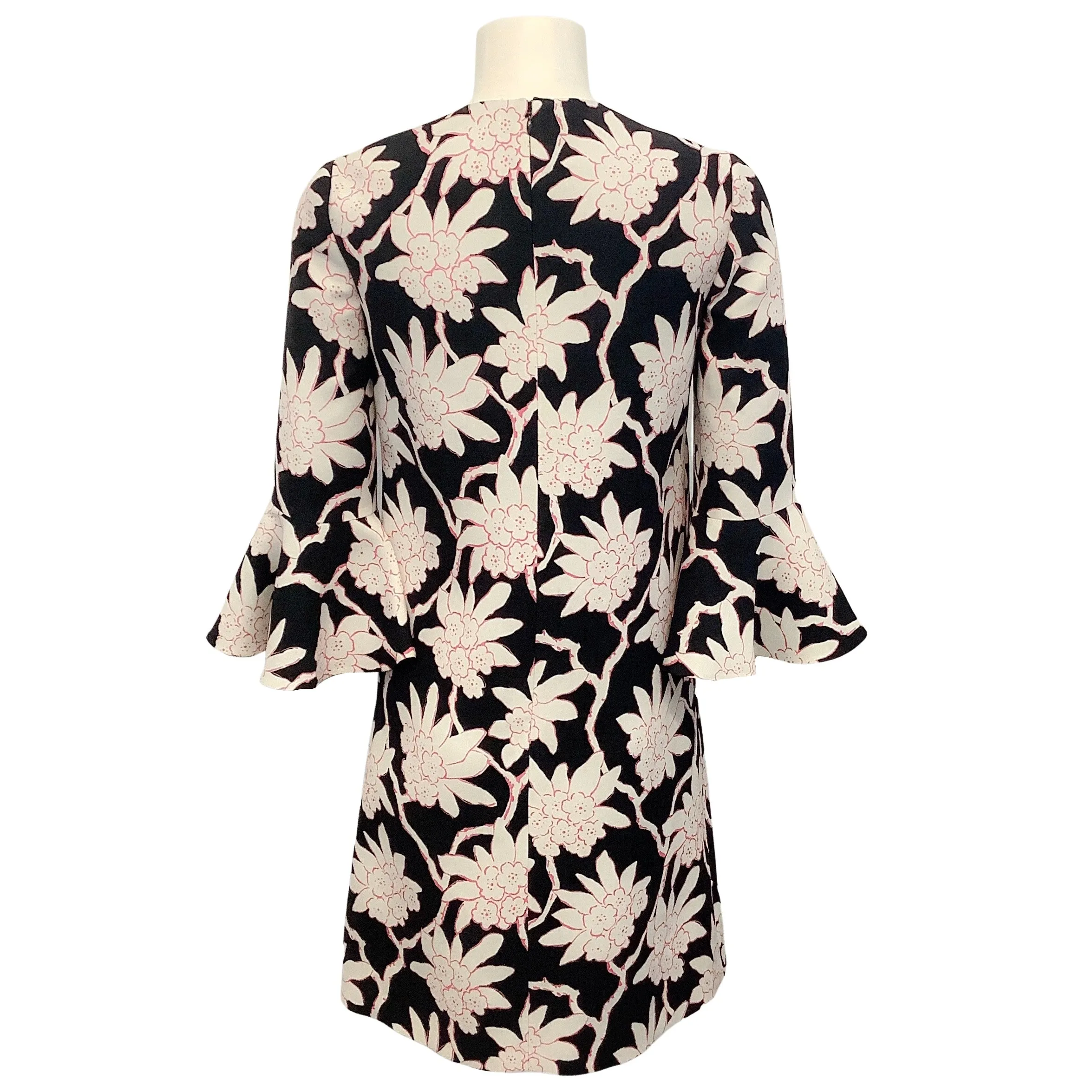 Valentino Black / Pink Floral Bell Sleeve Shift Dress