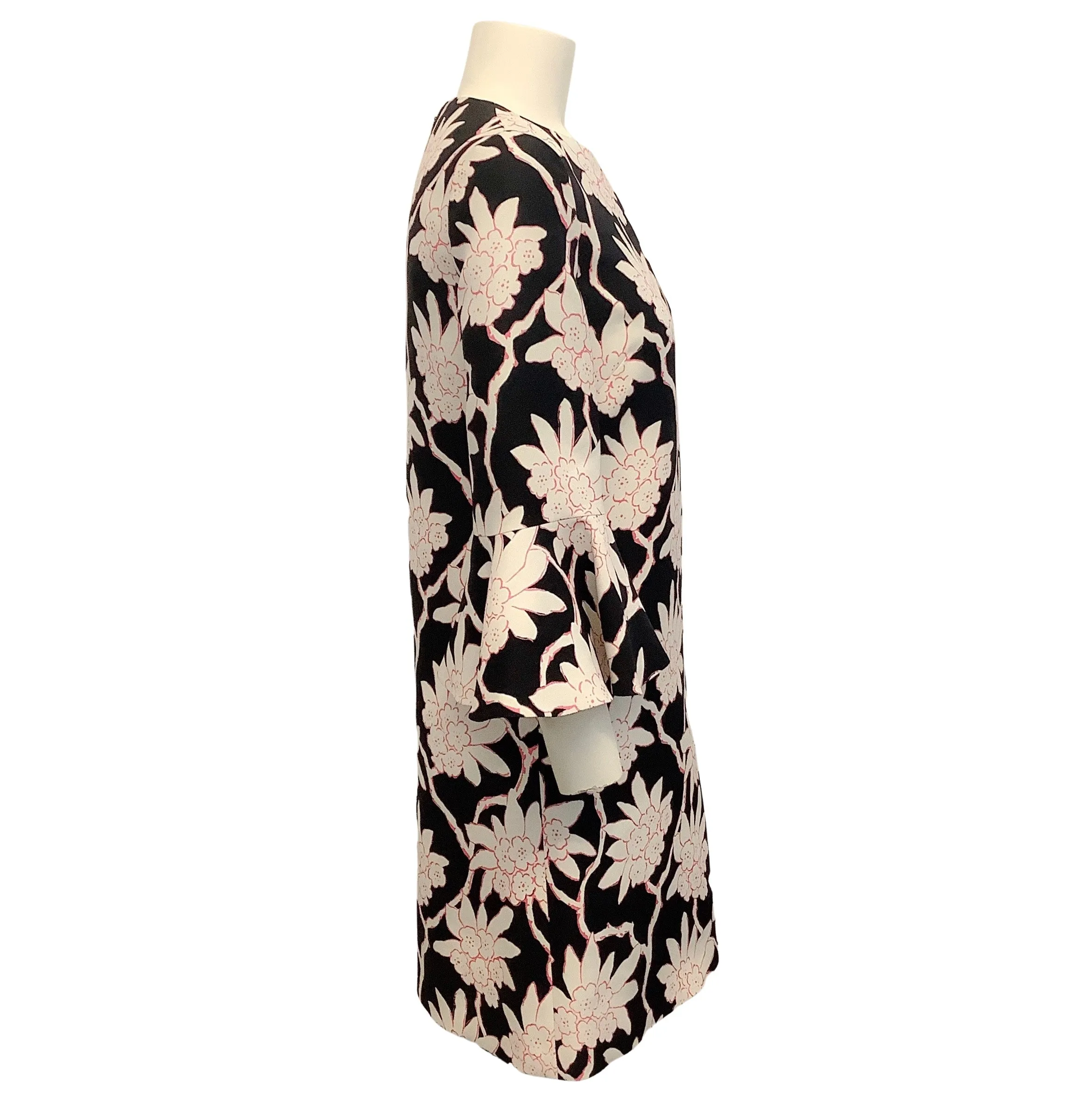 Valentino Black / Pink Floral Bell Sleeve Shift Dress