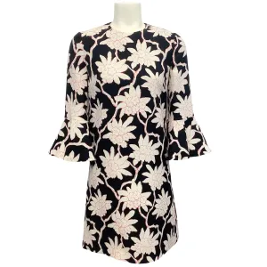 Valentino Black / Pink Floral Bell Sleeve Shift Dress