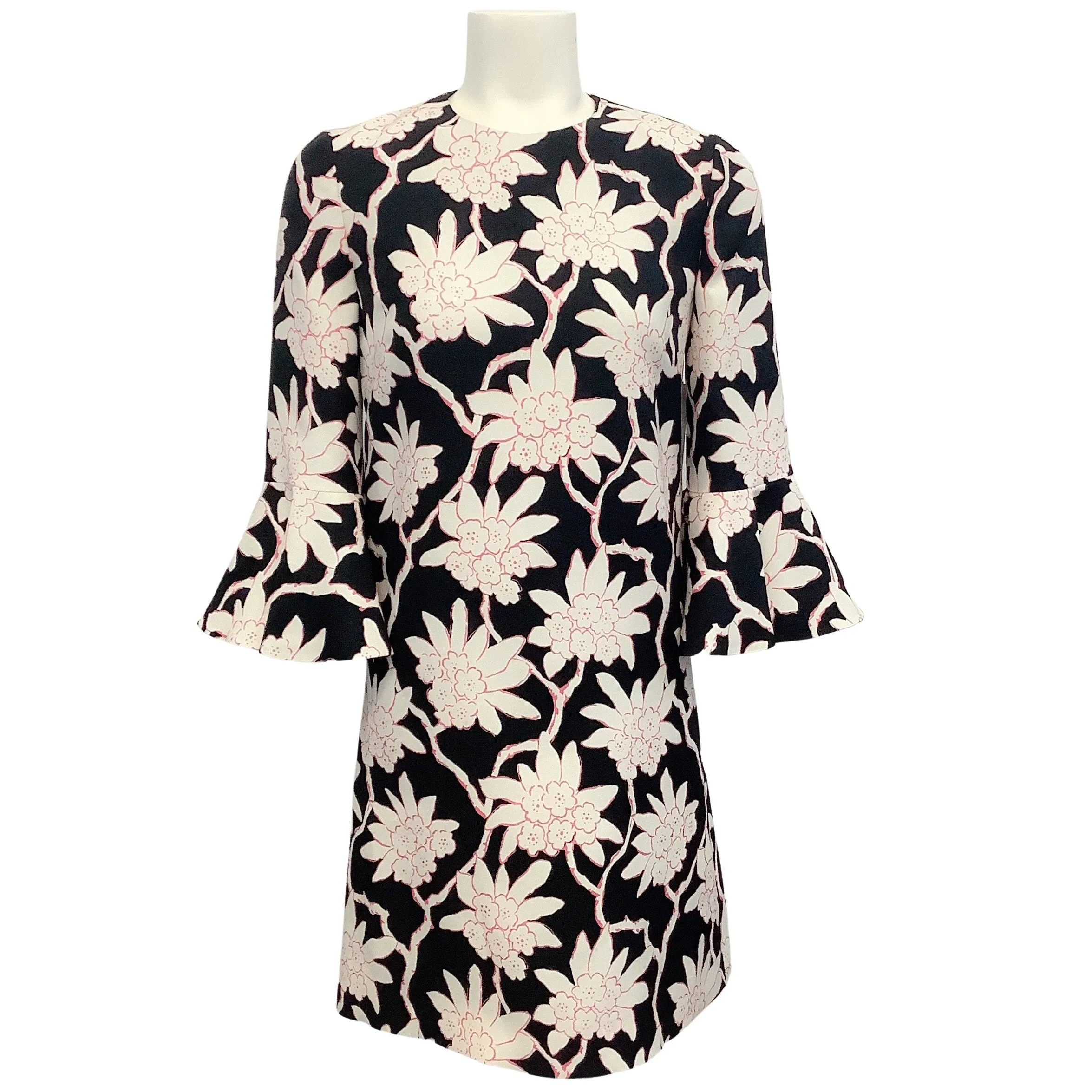 Valentino Black / Pink Floral Bell Sleeve Shift Dress