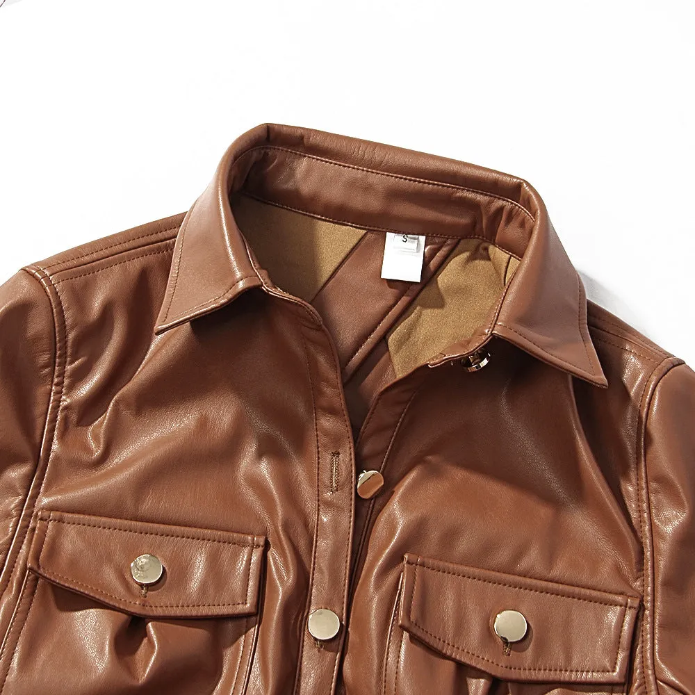 Vintage Lapel Backless Single-breasted Leather Mini Dresses