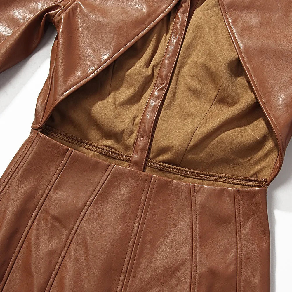 Vintage Lapel Backless Single-breasted Leather Mini Dresses