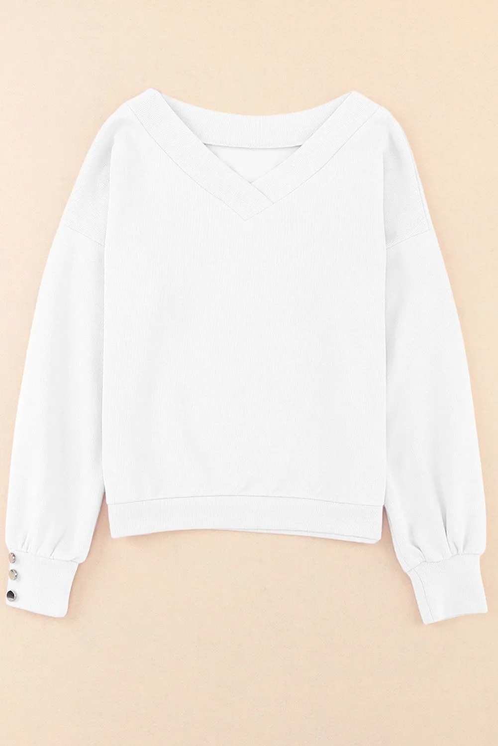 White Black Knitted V Neck Buttoned Cuffs Sweater