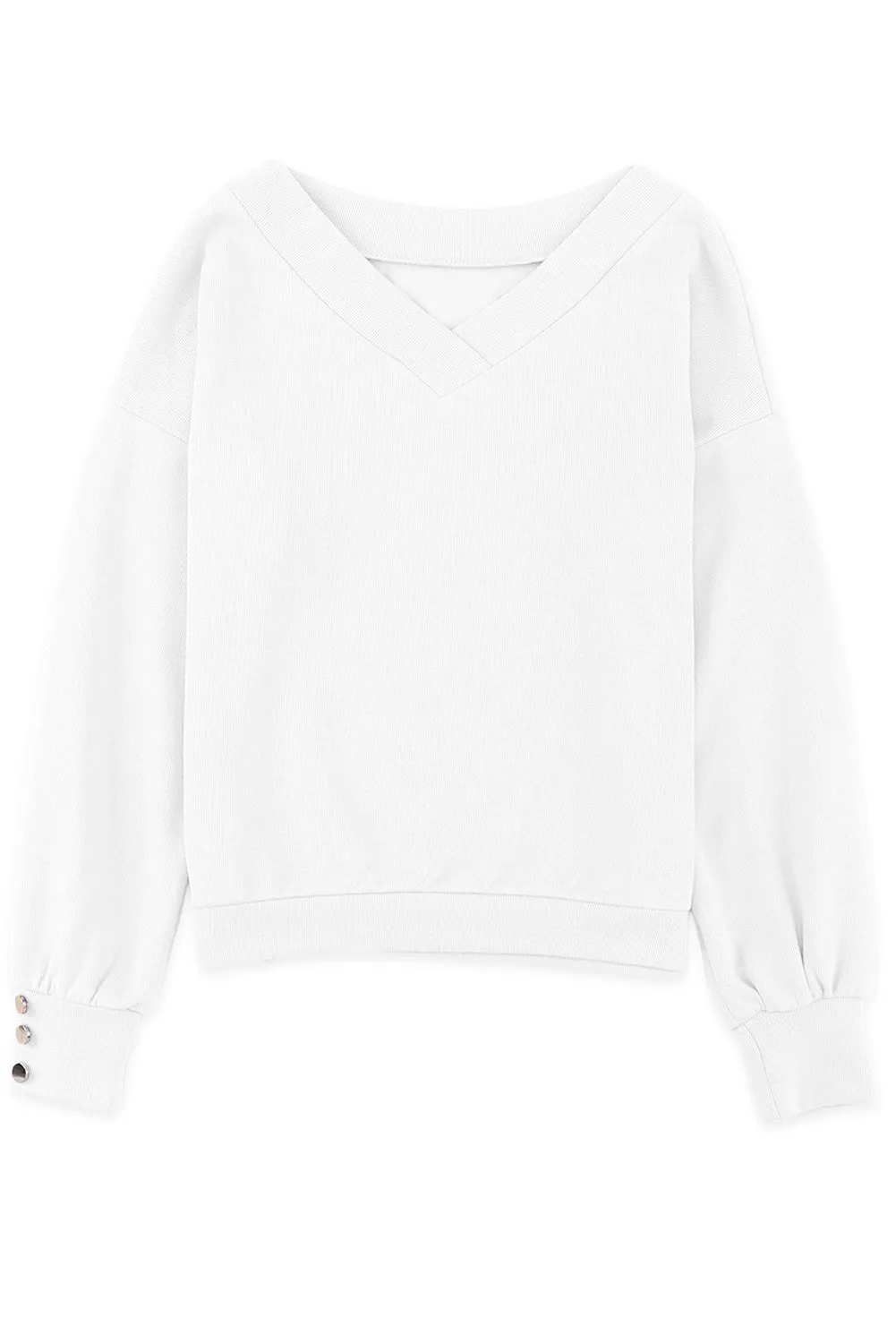 White Black Knitted V Neck Buttoned Cuffs Sweater