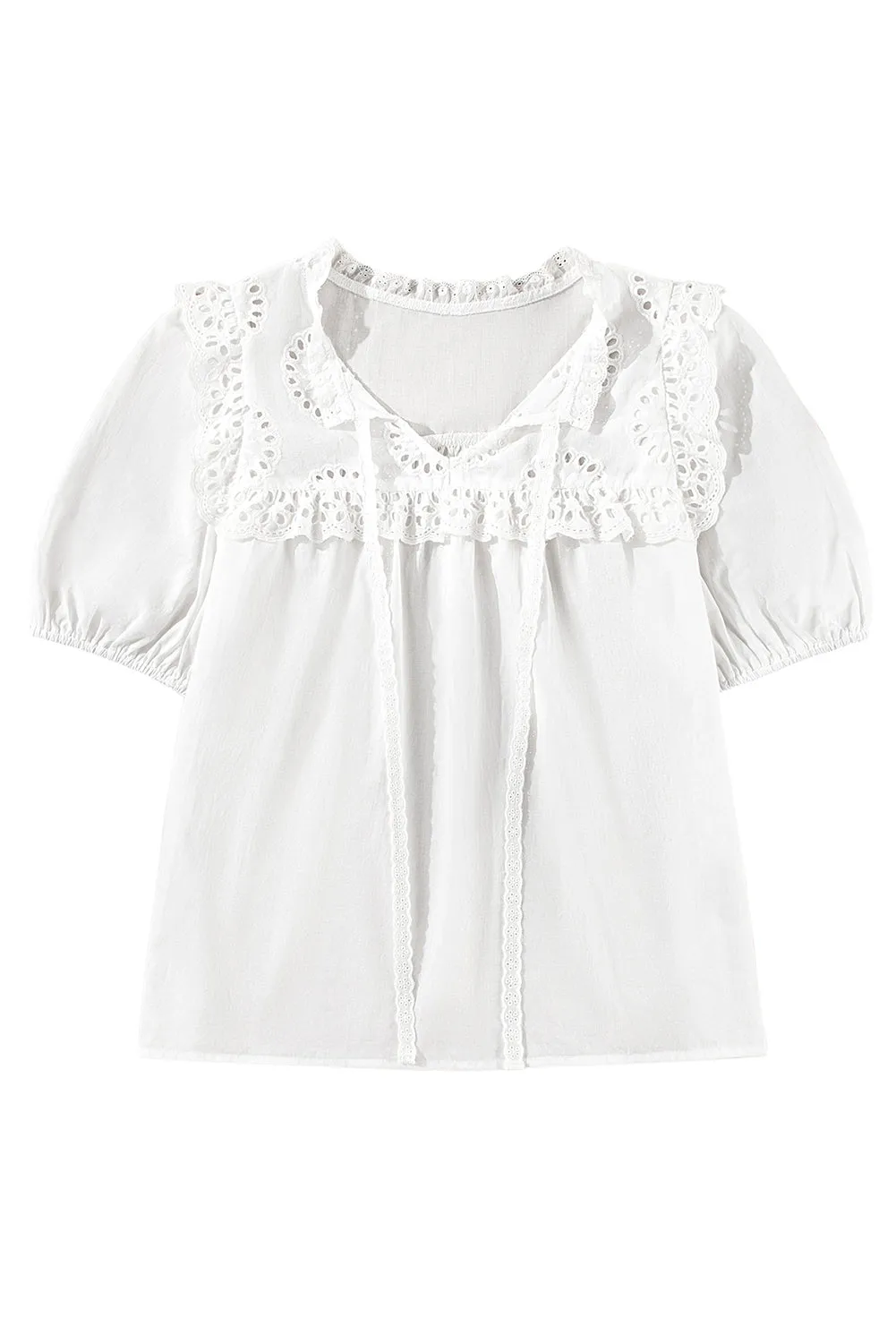 White Embroidered Lace Patchwork Tie Neck Puff Short Sleeve Blouse