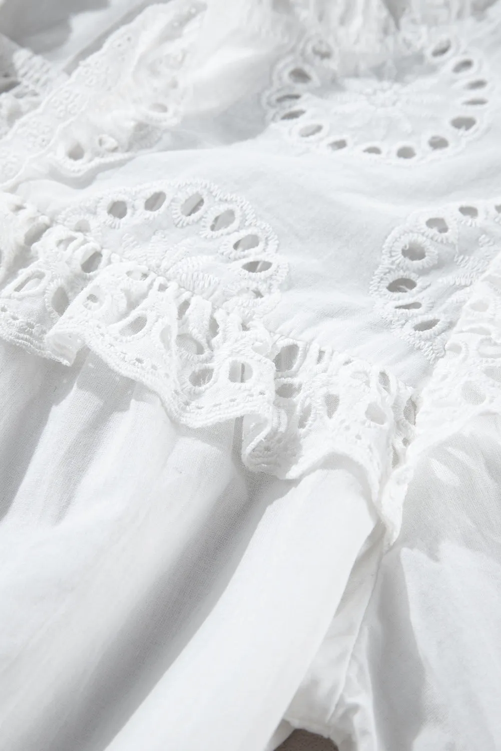 White Embroidered Lace Patchwork Tie Neck Puff Short Sleeve Blouse
